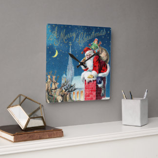 Vintage Christmas Victorian Santa Claus on Chimney Square Wall Clock