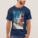 Vintage Christmas Victorian Santa Claus on Chimney T-Shirt<br><div class="desc">Vintage illustration Christmas holiday design featuring a Victorian Santa Claus on a rooftop about to go down the chimney. The reindeer and sleigh are on the roof waiting. A beautiful church is in the background with stars and the moon in the blue night sky.</div>