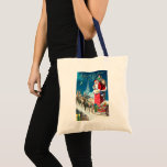 Vintage Christmas Victorian Santa Claus on Chimney Tote Bag<br><div class="desc">Vintage illustration Christmas holiday design featuring a Victorian Santa Claus on a rooftop about to go down the chimney. The reindeer and sleigh are on the roof waiting. A beautiful church is in the background with stars and the moon in the blue night sky.</div>