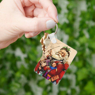 Vintage Christmas, Victorian Santa Claus Pipe Toys Key Ring