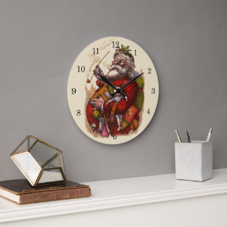 Vintage Christmas, Victorian Santa Claus Pipe Toys Large Clock