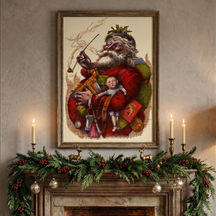 Vintage Christmas, Victorian Santa Claus Pipe Toys Poster