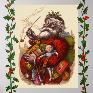 Vintage Christmas, Victorian Santa Claus Pipe Toys Poster