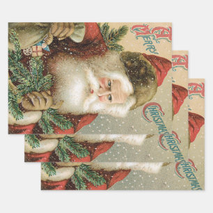 Vintage Christmas, Victorian Santa Claus with Pine Wrapping Paper Sheet