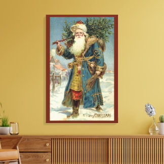 Vintage Christmas, Victorian Santa Claus with Tree Canvas Print