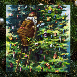 Vintage Christmas, Victorian Santa Claus with Tree Poster