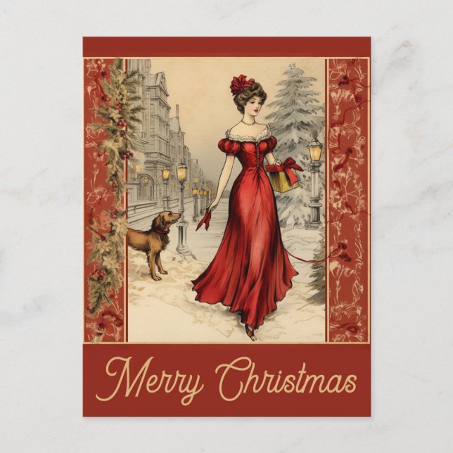 Vintage Christmas Victorian Woman Dog Postcard (Front)