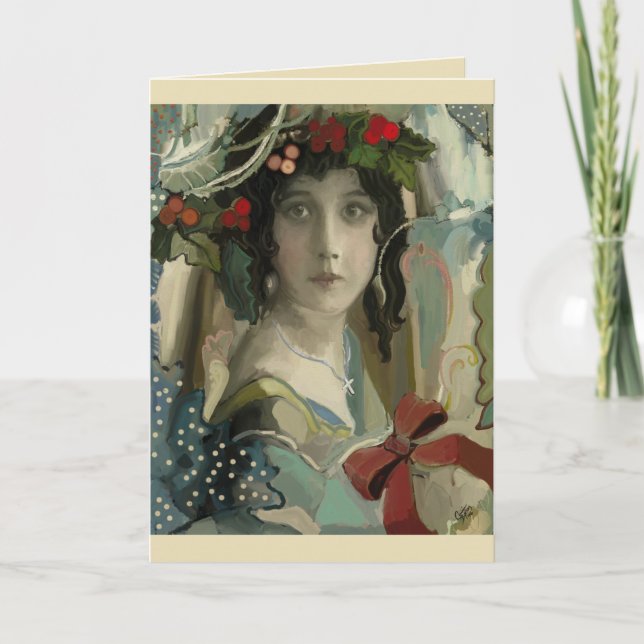 Vintage Christmas Victorian Woman Personalise Holiday Card (Front)