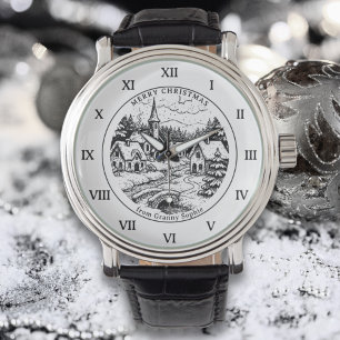 Vintage Christmas Village in Winter - Roman Number Watch