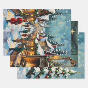 Vintage Christmas Village Market   Festive Winter  Wrapping Paper Sheet