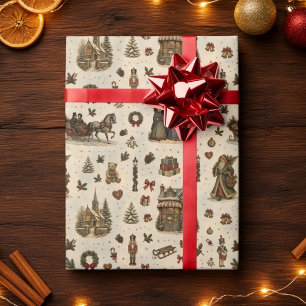 Vintage Christmas Village Sleigh Carolers Cream Wrapping Paper
