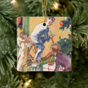 Vintage Christmas, Vintage Children with Presents Ceramic Ornament