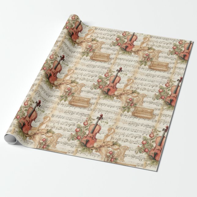 Vintage Christmas Violin Music Notes Wrapping Paper (Unrolled)