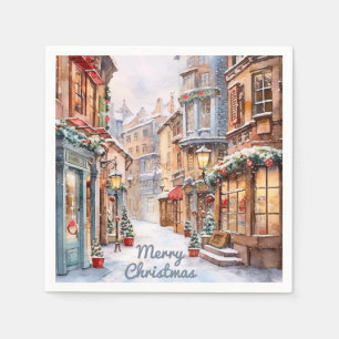 Vintage Christmas Watercolor Fairytale Street Napkin