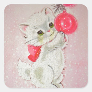 Vintage Christmas White Kitty Square Sticker