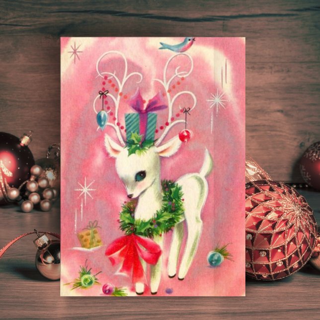 Vintage Christmas White Reindeer Holiday Card (Creator Uploaded)