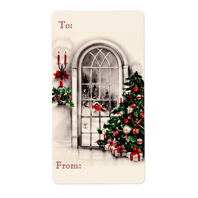 Vintage Christmas Window Sketch Gift Tag Stickers (Front)