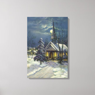 Vintage Christmas, Winter Church in Snow with Moon Canvas Print