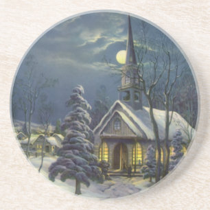 Vintage Christmas, Winter Church in Snow with Moon Coaster