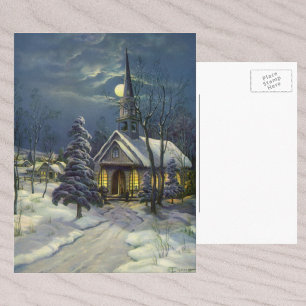 Vintage Christmas, Winter Church in Snow with Moon Holiday Postcard