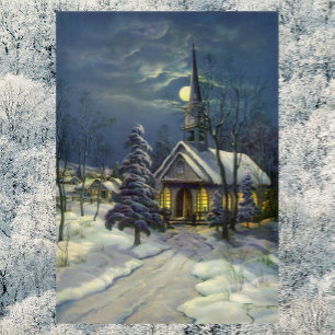 Vintage Christmas, Winter Church in Snow with Moon Poster