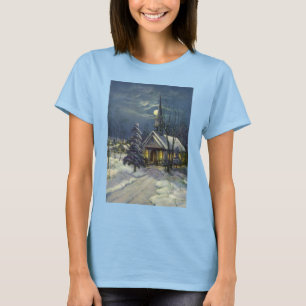 Vintage Christmas, Winter Church in Snow with Moon T-Shirt