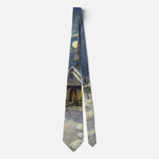 Vintage Christmas, Winter Church in Snow with Moon Tie
