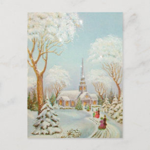 Vintage Christmas Winter Church Scene Holiday Postcard