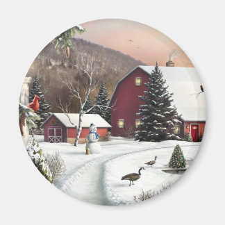 Vintage Christmas Winter Farm Magnet