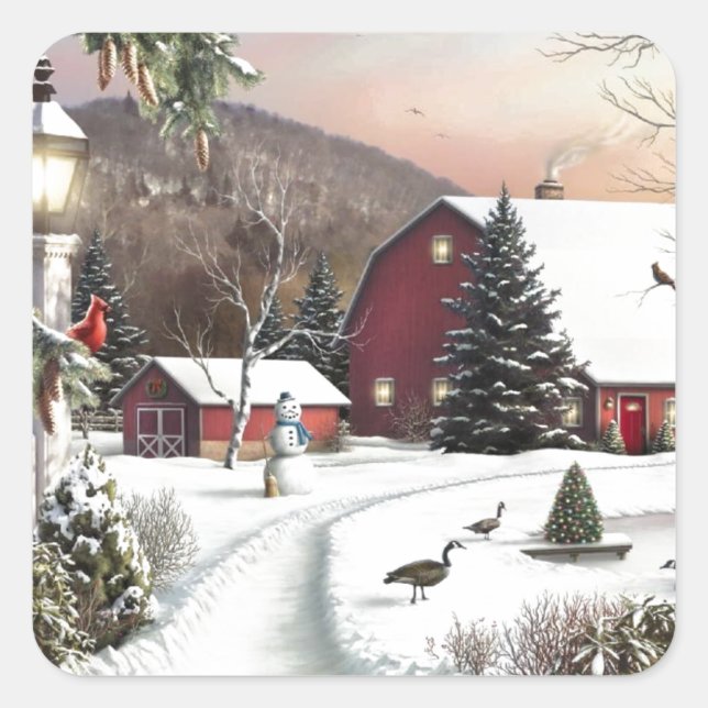 Vintage Christmas Winter Farm Square Sticker (Front)