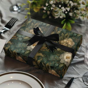 Vintage Christmas Winter Green and Cream Floral Wrapping Paper Sheet