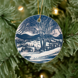 Vintage Christmas, Winter Mountain Landscape Ceramic Tree Decoration