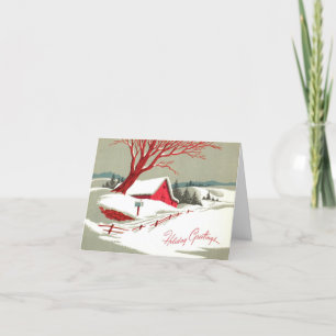 Vintage Christmas Winter Red Barn Holiday Card