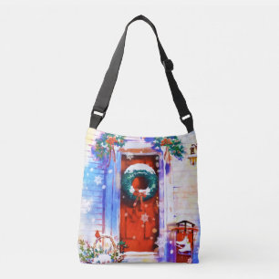 Vintage Christmas Winter Red Home Door Watercolor Crossbody Bag