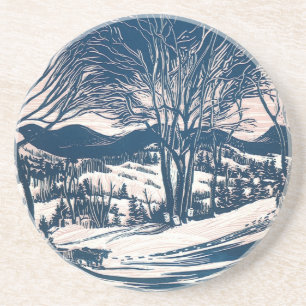 Vintage Christmas, Winter Snow Mountain Landscape  Coaster
