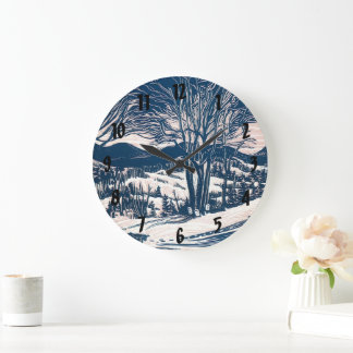 Vintage Christmas, Winter Snow Mountain Landscape  Large Clock