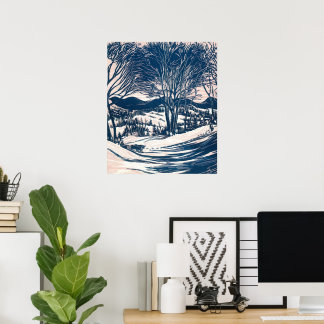 Vintage Christmas, Winter Snow Mountain Landscape  Poster