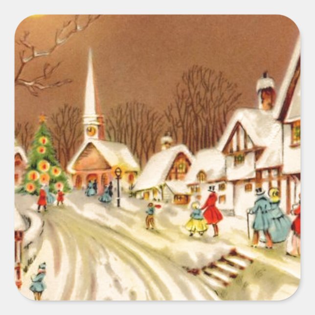 Vintage Christmas Winter Snow Town Square Sticker (Front)
