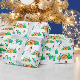 Vintage Christmas Winter Snowman Cottage Trees Wrapping Paper