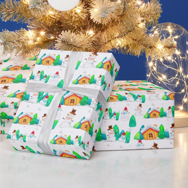 Vintage Christmas Winter Snowman Cottage Trees  Wrapping Paper (Holidays)