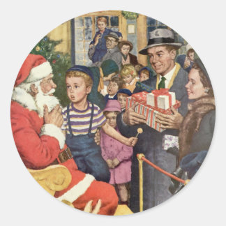 Vintage Christmas Wish, Boy on Santa Claus Lap Classic Round Sticker