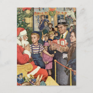 Vintage Christmas Wish, Boy on Santa Claus Lap Holiday Postcard