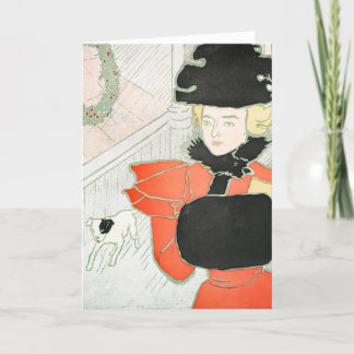 Vintage Christmas Woman and Dog Painting Holiday Card