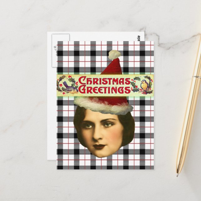 Vintage Christmas Woman in Santa Hat Postcard (Front/Back In Situ)