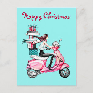 Vintage Christmas woman on a pink scooter Postcard