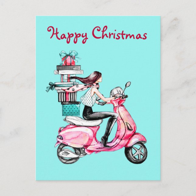 Vintage Christmas woman on a pink scooter Postcard (Front)