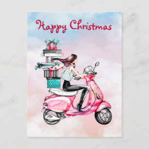 Vintage Christmas woman on a pink scooter Postcard