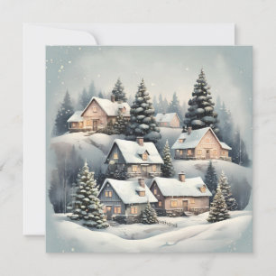 Vintage Christmas wonder village in forest Invitation