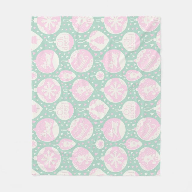 Vintage Christmas woodland pink green art Fleece Blanket (Front)