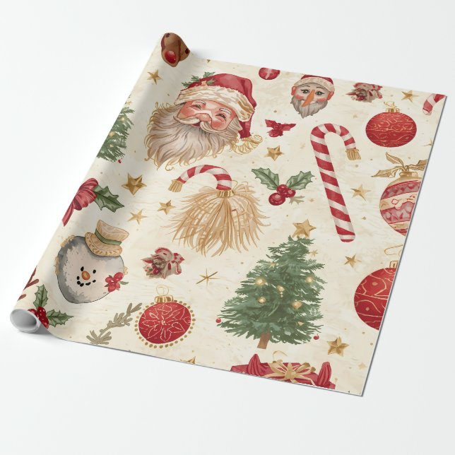 Vintage Christmas Wrapping Paper – Santa, Snowman  (Unrolled)